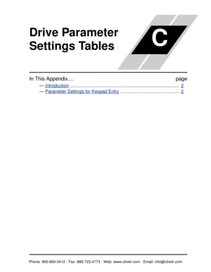 Page 358Drive Parameter 
Settings Tables
In This Appendix....page
— Introduction.......................................................................................   2
— Parameter Settings for Keypad Entry...............................................   2
C

Phone: 800.894.0412 - Fax: 888.723.4773 - Web: www.clrwtr.com - Email: info@clrwtr.com  