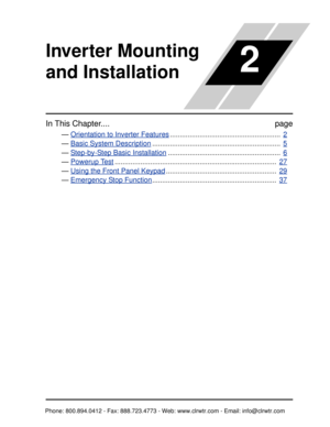Page 42Inverter Mounting 
and Installation
In This Chapter....page
— Orientation to Inverter Features........................................................   2
— Basic System Description.................................................................   5
— Step-by-Step Basic Installation.........................................................   6
— Powerup Test..................................................................................   27
— Using the Front Panel...