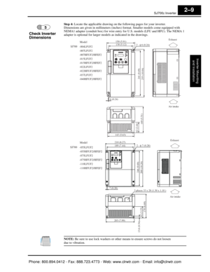 Page 50SJ7002 Inverter
Inverter Mountingand Installation
2–9
Step 4:  Locate the applicable drawing on th e following pages for your inverter.
Dimensions are given in millimeters (inches)  format. Smaller models come equipped with 
NEMA1 adapter (conduit box) for wire entry  for U.S. models (LFU and HFU). The NEMA 1 
adapter is optional for larger mode ls as indicated in the drawings.
NOTE: Be sure to use lock washers or other means to ensure screws do not loosen
due to vibration.
5
Check Inverter 
Dimensions...