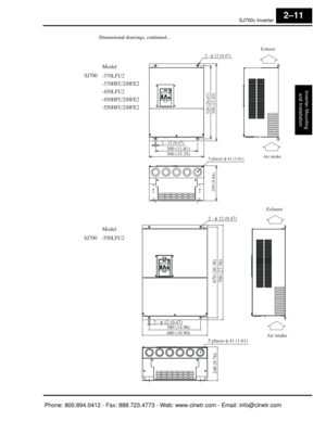 Page 52SJ7002 Inverter
Inverter Mountingand Installation
2–11
Dimensional drawings, continued... 
Model
SJ700 -370LFU2
-370HFU2/HFE2
-450LFU2
-450HFU2/HFE2
-550HFU2/HFE2
300 (11.81)
2 - φ 12 (0.47)
520 (20.47)
250 (9.84)
5 places φ 41 (1.61)
Exhaust
Air intake
2 - 12 (0.47)390 (15.35)
550 (21.65)
Model
SJ700 -550LFU2
380 (14.96) 2 - φ 12 (0.47)
248 (9.76)
670 (26.38)
5 places φ 41 (1.61)
Exhaust
Air intake
700 (27.56)
480 (18.90)
2 - φ 12 (0.47)

Phone: 800.894.0412   