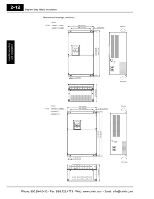 Page 53Step-by-Step Basic Installation
Inverter Mountingand Installation
2–12
Dimensional drawings, continued...
Model
SJ700 -750HFU2/HFE2
-900HFU2/HFE2390 (15.35)
300 (11.81)2 - φ 12 (0.47)
700 (27.56)670 (26.38)
2 - 12 (0.47)
270 (10.63)
Air intake
Exhaust
Model
SJ700 -1100HFU2/HFE2
-1320HFE2
-1500HFU22 - φ 12 (0.47)
740 (29.13)710 (27.95)
Air intake
Exhaust
480 (18.90)
380 (14.96)
270 (10.63)
2 -12 (0.47)

Phone: 800.894.0412   