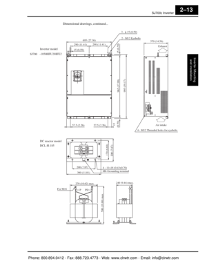 Page 54SJ7002 Inverter
Inverter Mountingand Installation
2–13
Dimensional drawings, continued...
Inverter model
SJ700 -1850HFU2/HFE2
695 (27.36)
Air intake
Exhaust
370 (14.56)
3 - φ 15 (0.59)
4 - M12 Threaded holes for eyebolts
965 (37.99)995 (39.17)
15 
(0.59)
57.5 (2.26)
290 (11.41)
290 (11.41)
15 (0.59) 2 - M12 Eyebolts57.5 (2.26)
15 (0.59)
200 (7.87)
300 (11.81) 4 - 11x18 (0.43x0.70)
M6 Grounding terminal
200 (7.87) 170 (6.69)
For M16 270 (10.62) max.
500 (19.68) max.
240 (9.44) max.
PP D
NP
DC reactor...