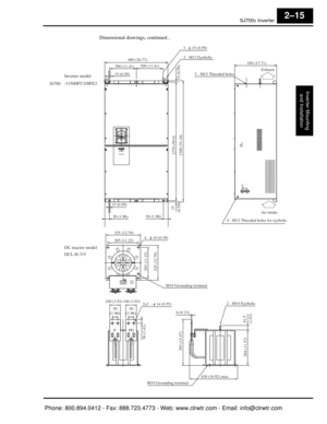 Page 56SJ7002 Inverter
Inverter Mountingand Installation
2–15
Dimensional drawings, continued...
Inverter model
SJ700 -3150HFU2/HFE2
DC reactor model
DCL-H-315
3 - φ 15 (0.59)
2 - M12 Eyebolts
680 (26.77)
290 (11.41)
290 (11.41)
15 (0.59)
15 (0.59)
1300 (51.18) 1270 (50.0)
15 (0.59)15 
(0.59)
50 (1.96) 50 (1.96)
4 - M12 Threaded holes for eyeboltsAir intake
450 (17.71)
Exhaust
2 - M12 Threaded holes
325 (12.79)
4 - φ 10 (0.39)
285 (11.22)
325 (12.79) 285 (11.22)
M10 Grounding terminal
2 - M10 Eyebolts
36...