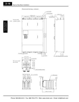 Page 57Step-by-Step Basic Installation
Inverter Mountingand Installation
2–16
Dimensional drawings, continued...
Inverter model
SJ700 -4000HFU2/HFE2
DC reactor model
DCL-H-400
2 - M16
 Threaded holesExhaust
1700 (66.92) 1670 (65.74)
15 (0.59)
4 - φ 15 (0.59)
2 - M16 Eyebolts
300 (11.81)
15 (0.59) 300 (11.81)
300 (11.81)
1050 (41.33)
75 (2.95)
75 (2.95)15 (0.59)15 
(0.59)Air intake
4 - M16 Threaded holes for eyebolts
450 (17.71)
325 (12.79)
285 (11.22)
2x2  - φ 14 (0.55)
4 - φ 10 (0.39)
450 (17.71) max.2 - M8...