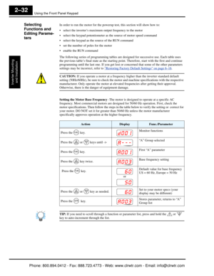 Page 73Using the Front Panel Keypad
Inverter Mountingand Installation
2–32
Selecting 
Functions and 
Editing Parame-
tersIn order to run the motor for the powerup test, this section will show how to:
 select the inverter’s maximum output frequency to the motor
 select the keypad potentiometer as  the source of motor speed command
 select the keypad as the source of the RUN command
 set the number of poles for the motor
 enable the RUN command
The following series of programming tables are designed for...