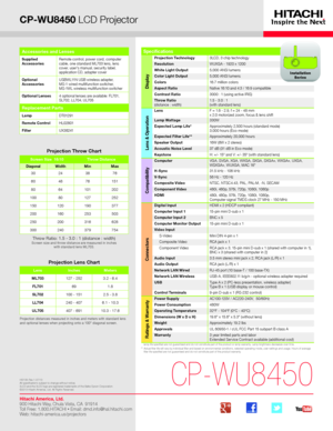 Page 1CP-WU8450 LCD Projector
*   Actual lamp life will vary by individual lamp and based on environmental conditions, selected operating mode, user settings and usage. H\
ours of average lamp life specified are not guaranteed and do not constitute part of the product or lamp warranty. Lamp brightness decreases over time.**   Actual filter life will vary by individual filter and based on envir\
onmental conditions, selected operating mode, user settings and usage. H\
ours of average filter life specified are...