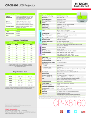 Page 1CP-X8160 LCD Projector
*   Actual lamp life will vary by individual lamp and based on environmental conditions, selected operating mode, user settings and usage. H\
ours of average lamp life specified are not guaranteed and do not constitute part of the product or lamp warranty. Lamp brightness decreases over time.**   Actual filter life will vary by individual filter and based on envir\
onmental conditions, selected operating mode, user settings and usage. H\
ours of average filter life specified are...