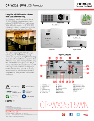 Page 3CP-WX2515WN LCD Projector
Long-life reliability with a lower 
total cost of ownership.
From classrooms to conference rooms, Hitachi’s  
CP-WX2515WN can make a big impact on your  
audience. With 2,500 ANSI lumens brightness and 
WXGA 1280 x 800 resolution, the CP-WX2515WN 
is designed to make any message more memorable 
with colorful images, crisp text, and powerfully 
clear audio. Incorporating Hitachi’s leading-edge 
technology, the CP-WX2515WN features high 
contrast ratio, long lamp life, cloning...