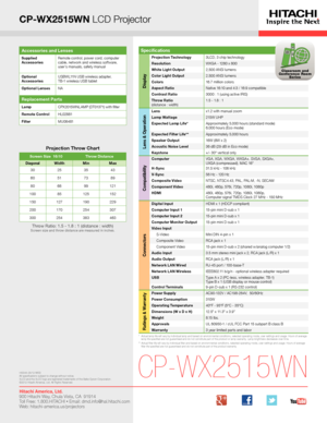 Page 4CP-WX2515WN LCD Projector
*   Actual lamp life will vary by individual lamp and based on environmental conditions, selected operating mode, user settings and usage. H\
ours of average lamp life specified are not guaranteed and do not constitute part of the product or lamp warranty. Lamp brightness decreases over time.**   Actual filter life will vary by individual filter and based on envir\
onmental conditions, selected operating mode, user settings and usage. H\
ours of average filter life specified are...