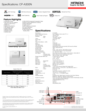 Page 1Model NameLiquid Crystal Panel StructureNumber of PixelsResolution Video  RGBColorsAspect RatioLensThrow Ratio (distance : width)LampBrightnessColor Light OutputExpected lamp LifeContrast RatioSpeaker OutputPower SupplyPower ConsumptionOperating TemperatureInput Signals RGB  Composite Video  Component VideoAverage Acoustic Noise LevelH-SyncV-SyncApprovalsRGB Input Analog RGB RGB Output RGBDigital InputVideo Input S-Video  Composite Video  Component VideoAudio  Input  OutputEthernetControl...