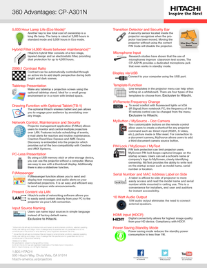 Page 2360˚ Advantages: CP-X2521WN360 Advantages: CP-A301N
1.800.HITACHI
900 Hitachi Way, Chula Vista, CA 91914
hitachi-america.us/projectors
* Actual lamp life will vary by individual lamp and based on environmental conditions, selected operating 
mode, user settings and usage. Hours of average lamp life specified ar\
e not guaranteed and do not 
constitute part of the product or lamp warranty. Lamp brightness decreases over time.
** Actual filter life will vary by individual filter and based on en\...