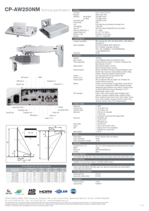 Page 2
CP-AW250NMTechnical specificationsOPTICALLCD Panel 0.59 (1.5cm) P-Si TFT x3
Resolution WXGA (1280 x 800)
Brightness Normal Mode 2500 ANSI LumensEco Mode     1700 ANSI Lumens
Colour light output 2500 ANSI Lumens
Contrast Ratio 2000:1
Lens Free shaped lens and motorised free shaped mirror
Lamp Wattage 210W (UHP) 
Lamp Life 3000 Hours (Normal Mode)/5000 Hours (Eco Mode)*
Distance to Width Ratio (:1) 0.3:1 (fixed)
Diagonal Display Size 60~100 (152~254cm)
Number of Colour  8 Bit/colour, 16.7M colours...