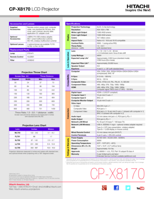 Page 1CP-X8170 LCD Projector
*   Actual lamp life will vary by individual lamp and based on environmental conditions, selected operating mode, user settings and usage. H\
ours of average lamp life specified are not guaranteed and do not constitute part of the product or lamp warranty. Lamp brightness decreases over time.**   Actual filter life will vary by individual filter and based on envir\
onmental conditions, selected operating mode, user settings and usage. H\
ours of average filter life specified are...