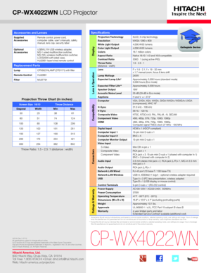 Page 1CP-WX4022WN LCD Projector
*   Actual lamp life will vary by individual lamp and based on environmental conditions, selected operating mode, user settings and usage. H\
ours of average lamp life specified are not guaranteed and do not constitute part of the product or lamp warranty. Lamp brightness decreases over time.**   Actual filter life will vary by individual filter and based on envir\
onmental conditions, selected operating mode, user settings and usage. H\
ours of average filter life specified are...