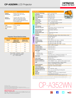 Page 1CP-A352WN LCD Projector
*   Actual lamp life will vary by individual lamp and based on environmental conditions, selected operating mode, user settings and usage. H\
ours of average lamp life specified are not guaranteed and do not constitute part of the product or lamp warranty. Lamp brightness decreases over time.**   Actual filter life will vary by individual filter and based on envir\
onmental conditions, selected operating mode, user settings and usage. H\
ours of average filter life specified are...