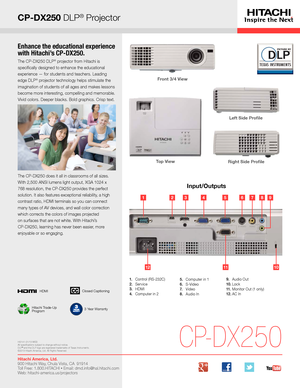 Page 3CP-DX250 DLP® Projector
Enhance the educational experience 
with Hitachi’s CP-DX250.
The CP-DX250 DLP® projector from Hitachi is 
specifically designed to enhance the educational 
experience — for students and teachers. Leading 
edge DLP
® projector technology helps stimulate the 
imagination of students of all ages and makes lessons
become more interesting, compelling and memorable. 
Vivid colors. Deeper blacks. Bold graphics. Crisp text. 
The CP-DX250 does it all in classrooms of all sizes. 
With 2,500...