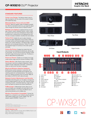 Page 3CP-WX9210 DLP® Projector
Input/Outputs
CP-WX9210
3/4 ViewRight Profile
Top View 
14151618171921222320
87102111249653131
1. Lens Shift2. Menu3. Zoom4. Status Monitor5. Monitor Out6. Computer In 17.  HDMI 28. HDMI 19. RS-232C
10. DVI-D11. HDBaseT12 .   USB-A  (for wireless adapter)13 . LAN14 . Composite Video15 . Remote  Out16 . Remote  In17.  AC In
Front View 
Rear View
HI0240-Rev.3-06/16All specifications subject to change without notice.DLP® and the DLP logo are registered trademarks of Texas...