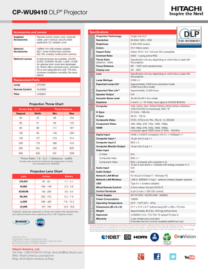 Page 4CP-WU9410 DLP® Projector
Accessories and Lenses
Supplied  AccessoriesRemote control, power cord, computer cable, user’s manual, security label,  application CD, adapter cover
Optional  AccessoriesUSBWL11N USB wireless adapter,MS-1 wired multifunction switcher,  MS-1WL wireless multifunction switcher
Optional Lenses6 optional lenses are available: USL901, SL902, SD903W, ML904, LL905, UL906. An optional short zoom lens developed by Hitachi offers powered zoom, powered focus and adequate lens shift. This...