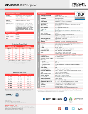 Page 4CP-HD9320 DLP® Projector
*   Actual lamp life will vary by individual lamp and based on environmental conditions, selected operating mode, user settings and usage. H\
ours of average lamp life specified are not guaranteed and do not constitute part of the product or lamp warranty. Lamp brightness decreases over time.**   Actual filter life will vary by individual filter and based on envir\
onmental conditions, selected operating mode, user settings and usage. H\
ours of average filter life specified are...