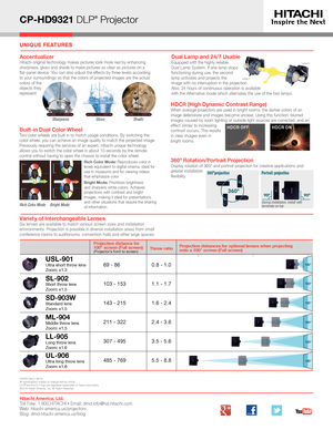 Page 2CP-HD9321 DLP® Projector
Hitachi America, Ltd. Toll Free: 1.800.HITACHI • Email: dmd.info@hal.hitachi.com   Web: hitachi-america.us/projectors Blog: dmd.hitachi-america.us/blog
HI0333-Rev.2-06/16All specifications subject to change without notice.DLP® and the DLP logo are registered trademarks of Texas Instruments.©2016 Hitachi America, Ltd. All Rights Reserved.
UNIQUE FEATURES
AccentualizerHitachi original technology makes pictures look more real by enhancing sharpness, gloss and shade to make pictures...