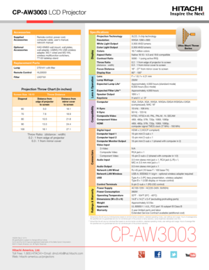 Page 4CP-AW3003 LCD Projector
*   Actual lamp life will vary by individual lamp based on environmental conditions, selected operating mode, user settings and usage. H\
ours of average lamp life specified are not guaranteed and do not constitute part of the product or lamp warranty. Lamp brightness decreases over time.**   Actual filter life will vary by individual filter based on environmental conditions, selected operating mode, user settings and usage. H\
ours of average filter life specified are not...