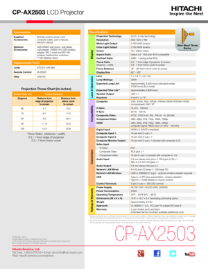 Page 1CP-AX2503 LCD Projector
*   Actual lamp life will vary by individual lamp and based on environmental conditions, selected operating mode, user settings and usage. H\
ours of average lamp life specified are not guaranteed and do not constitute part of the product or lamp warranty. Lamp brightness decreases over time.**   Actual filter life will vary by individual filter and based on envir\
onmental conditions, selected operating mode, user settings and usage. H\
ours of average filter life specified are...
