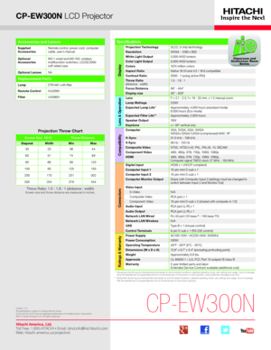 Page 1CP-EW300N LCD Projector
*   Actual lamp life will vary by individual lamp and based on environmental conditions, selected operating mode, user settings and usage. H\
ours of average lamp life specified are not guaranteed and do not constitute part of the product or lamp warranty. Lamp brightness decreases over time.**   Actual filter life will vary by individual filter and based on envir\
onmental conditions, selected operating mode, user settings and usage. H\
ours of average filter life specified are...