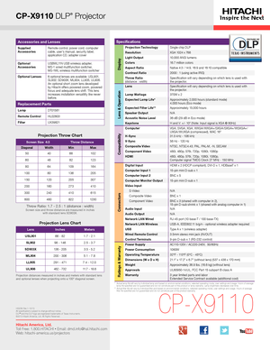 Page 1CP-X9110 DLP® Projector
*   Actual lamp life will vary by individual lamp and based on environmental conditions, selected operating mode, user settings and usage. H\
ours of average lamp life specified are not guaranteed and do not constitute part of the product or lamp warranty. Lamp brightness decreases over time.**   Actual filter life will vary by individual filter and based on envir\
onmental conditions, selected operating mode, user settings and usage. H\
ours of average filter life specified are...