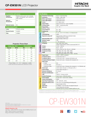 Page 3CP-EW301N LCD Projector
*   Actual lamp life will vary by individual lamp based on environmental conditions, selected operating mode, user settings and usage. H\
ours of average lamp life specified are not guaranteed and do not constitute part of the product or lamp warranty. Lamp brightness decreases over time.**   Actual filter life will vary by individual filter based on environmental conditions, selected operating mode, user settings and usage. H\
ours of average filter life specified are not...