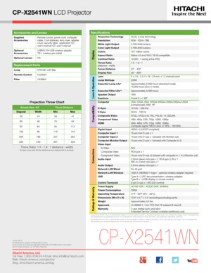 Page 4CP-X2541WN LCD Projector
*   Actual lamp life will vary by individual lamp based on environmental conditions, selected operating mode, user settings and usage. H\
ours of average lamp life specified are not guaranteed and do not constitute part of the product or lamp warranty. Lamp brightness decreases over time.**   Actual filter life will vary by individual filter based on environmental conditions, selected operating mode, user settings and usage. H\
ours of average filter life specified are not...