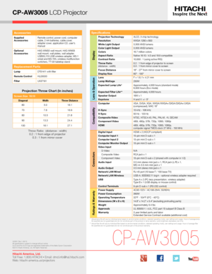 Page 4CP-AW3005 LCD Projector
*   Actual lamp life will vary by individual lamp based on environmental conditions, selected operating mode, user settings and usage. H\
ours of average lamp life specified are not guaranteed and do not constitute part of the product or lamp warranty. Lamp brightness decreases over time.**   Actual filter life will vary by individual filter based on environmental conditions, selected operating mode, user settings and usage. H\
ours of average filter life specified are not...