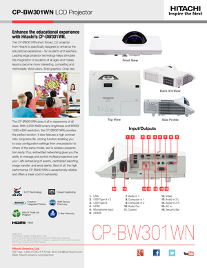 Page 3Enhance the educational experience 
with Hitachi’s CP-BW301WN.
The CP-BW301WN short throw LCD projector 
from Hitachi is specifically designed to enhance the 
educational experience
 — for students and teachers. 
Leading edge projector technology helps stimulate 
the imagination of students of all ages and makes 
lessons become more interesting, compelling and 
memorable. Vivid colors. Bold graphics. Crisp text. 
The CP-BW301WN does it all in classrooms of all 
sizes. With 3,000 ANSI lumens brightness...