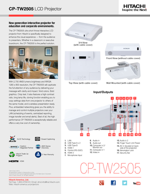 Page 3CP-TW2505 LCD Projector
New generation interactive projector for 
education and corporate environments.
The CP-TW2505 ultra short throw interactive LCD 
projector from Hitachi is specifically designed to 
enhance the visual experience — from the audience 
to presenters. Whether in a classroom or executive 
boardroom, the CP-TW2505 is the perfect solution. 
With 2,700 ANSI lumens brightness and WXGA 
1280 x 800 resolution, the CP-TW2505 will captivate 
the full attention of any audience by delivering your...