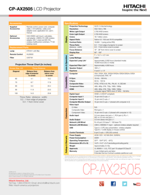 Page 4CP-AX2505 LCD Projector
*   Actual lamp life will vary by individual lamp and based on environmental conditions, selected operating mode, user settings and usage. H\
ours of average lamp life specified are not guaranteed and do not constitute part of the product or lamp warranty. Lamp brightness decreases over time.**   Actual filter life will vary by individual filter and based on envir\
onmental conditions, selected operating mode, user settings and usage. H\
ours of average filter life specified are...