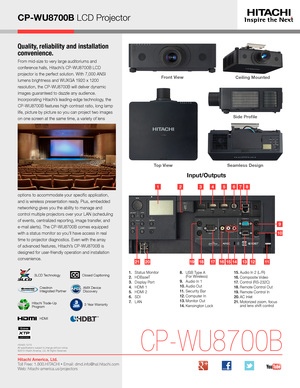 Page 3CP-WU8700B LCD Projector
Quality, reliability and installation 
convenience.
From mid-size to very large auditoriums and 
conference halls, Hitachi’s CP-WU8700B LCD 
projector is the perfect solution. With 7,000 ANSI 
lumens brightness and WUXGA 1920 x 1200 
resolution, the CP-WU8700B will deliver dynamic 
images guaranteed to dazzle any audience. 
Incorporating Hitachi’s leading-edge technology, the 
CP-WU8700B features high contrast ratio, long lamp 
life, picture by picture so you can project two...