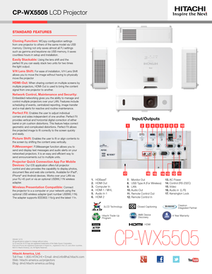 Page 3CP-W X5505
Hitachi America, Ltd. Toll Free: 1.800.HITACHI • Email: dmd.info@hal.hitachi.com   
Web: hitachi-america.us/projectors 
Blog: dmd.hitachi-america.us/blog
HI0448-12/15 
All specications subject to change without notice.  
3LCD and the 3LCD logo are registered trademarks of the Seiko Epson Corporation.  
iPad and iPhone are registered trademarks of Apple Inc., registered in the U.S. and other countries.  
©2015 Hitachi America, Ltd. All Rights Reserved
.
CP-WX5505 LCD Projector...