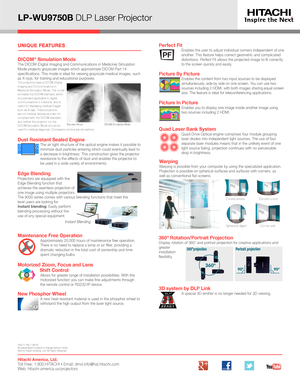 Page 2UNIQUE FEATURESPerfect Fit Enables the user to adjust individual corners independent of one another. This feature helps correct geometric and complicated distortions. Perfect Fit allows the projected image to fit correctly to the screen quickly and easily. 
Motorized Zoom, Focus and Lens  
 Shift ControlAllows for greater range of installation possibilities. With the motorized function you can make fine adjustments through  the remote control or RS232/IP device.
Picture By PictureEnables the content from...