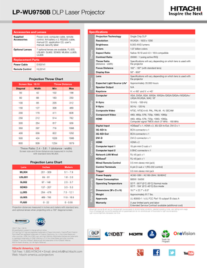 Page 4Accessories and Lenses
Supplied  AccessoriesPower cord, computer cable, remote control, A A batter y x 2, RS232C cable, manual CD, application CD, user's manual, security label
Optional Lenses7 optional lenses are available, FL-920, USL901, SL902, SD903, ML904, LL905, UL905
Replacement Parts
Power CableE V 0 3141
Remote ControlHL03141
Specifications
Display
Projection TechnologySingle Chip DLP
ResolutionWUXGA - 1920 x 1200 
Brightness8,000 ANSI lumens
Colors1.07 billion colors
Aspect RatioNative...