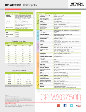 Page 4CP-WX8750B LCD Projector
Accessories and Lenses
Supplied  AccessoriesRemote control, power cord, computer cable, A A batteries x 2, adapter cover, terminal cover, manual CD, user's manual, application CD, security label, HDMIbracket x 2, binder x 2
Optional  AccessoriesWireless adapter (USBWL11N),MS-1 wired multifunction switcher,MS-1WL wireless multifunction switcher,wireless pen tablet TB-1
Optional Lenses5 optional lenses are available, FL701, SL712, ML713, LL704, UL705
Replacement Parts
LampDT018...