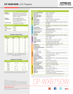 Page 4CP-WX8750W LCD Projector
Accessories and Lenses
Supplied  AccessoriesRemote control, power cord, computer cable, A A batteries x 2, adapter cover, terminal cover, manual CD, user's manual, application CD, security label, HDMIbracket x 2, binder x 2
Optional  AccessoriesWireless adapter (USBWL11N),MS-1 wired multifunction switcher,MS-1WL wireless multifunction switcher,wireless pen tablet TB-1
Optional Lenses5 optional lenses are available, FL701, SL712, ML713, LL704, UL705
Replacement Parts
LampDT018...