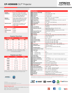 Page 4CP-HD9950B DLP® Projector
*   Actual lamp life will vary by individual lamp and based on environmental conditions, selected operating mode, user settings and usage. H\
ours of average lamp life specified are not guaranteed and do not constitute part of the product or lamp warranty. Lamp brightness decreases over time.**   Actual filter life will vary by individual filter and based on envir\
onmental conditions, selected operating mode, user settings and usage. H\
ours of average filter life specified are...