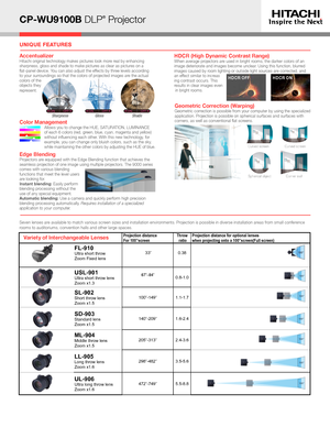 Page 2CP-WU9100B DLP® Projector
Hitachi America, Ltd. Toll Free: 1.800.HITACHI • Email: dmd.info@hal.hitachi.com   Web: hitachi-america.us/projectors Blog: dmd.hitachi-america.us/blog
HI0490-04/16All specifications subject to change without notice.DLP® and the DLP logo are registered trademarks of Texas Instruments.©2016 Hitachi America, Ltd. All Rights Reserved.
UNIQUE FEATURES
AccentualizerHitachi original technology makes pictures look more real by enhancing sharpness, gloss and shade to make pictures as...