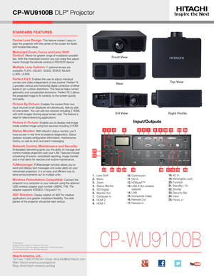 Page 3CP-WU9100B DLP® Projector
Input/Outputs
CP-WU9100B
3/4 ViewRight Profile
Top View 
14161517181921222320
98112121341076531
1. Lens Shift2. Menu3. Zoom4. Status Monitor5. SDI/Digital6. Monitor Out7.  Computer In8. HDMI 29.  HDMI 1
10. Control  port11. DVI-D12 . HDBaseT™13 .  USB-A (for wireless adapter)14 . LAN15 .  Composite  Video16 . Remote  Out17.  Remote In
Front View 
Rear
Hitachi America, Ltd. Toll Free: 1.800.HITACHI • Email: dmd.info@hal.hitachi.com   Web: hitachi-america.us/projectors Blog:...