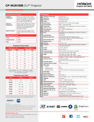 Page 4 
CP-WU9100B DLP® Projector
*   Actual lamp life will vary by individual lamp and based on environmental conditions, selected operating mode, user settings and usage. H\
ours of average lamp life specified are not guaranteed and do not constitute part of the product or lamp warranty. Lamp brightness decreases over time.**   Actual filter life will vary by individual filter and based on envir\
onmental conditions, selected operating mode, user settings and usage. H\
ours of average filter life specified...