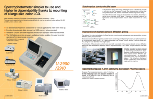 Page 21
Model 124 
Model U-2000
Spectrophotometer simpler to use and 
higher in dependability thanks to mounting
of a large-size color LCD.  
High resolution satisfying European Pharmacopoeia (spectral bandpass: 1.5nm).  
Trace-amount measurement in biotechnological field, etc. can be carried out using optional 50, 25
and 5mL micro-volume cells. 
■An abundance of optional accessories for various applications have been lined up.  
■Function for automatic data storage in a USB memory is incorporated....