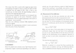 Page 2824 This 
means  that CHI  is used  as the  triggering  signal  when 
investigating  the length  of time  by which  the signal  of CH2 
is  delayed  from the signal  of CH 1.  C H2  is  used  in the 
reversed  case. In other  words,  the signal  leading  in phase  is 
selected  as the  triggering  signal source. 
If  this  process  is reversed,  the portion  to be  measured  may 
sometimes  not appear  on the  screen.  Thereafter,  equalize 
the  amplitudes  of the  two  signals  appearing  on the  screen...