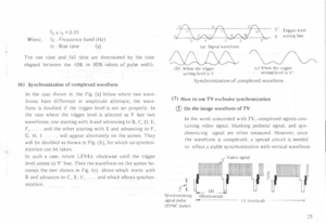 Page 29f
c  x  tr  =  0.35 
Where,  f
c :  Frequency  band (Hz) 
tr:  Rise  time  (s) 
The  rise time  and fall  time  are determined  by the  time 
elapsed  between  the I 0'1  to 9Qc,r  \'a lues  of pulse  width. 
(6)  Synchronization  of complexed  waveform 
In  the  case  shown  in the  Fig.  (a) below  where  two wave­
forms  have difference  in amplitude  alternate. the wave­
form  is doubled  if the  trigger  level is not  set properly.  In 
the  case  where  the trigger  level is selected  as Y...