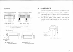 Page 31Q) 
Operation 
[!RIG)  MODI l V- V  ,TRJCJ 
MODI:  fV-11 
(  Oll  )  lim  O\tlllmcopc  ,ynchronizc�  \\llh only 
(-)  ,ym;hronum)!  \l!!nal. 
(REFERENCE) 
Video  tgnal 
Synchronizmg  signal 
(a)  Example  of(-) 
synchronizing  signal  (b) 
Example  of(+} 
synchronizing  signal  9. 
ADJUSTMENTS 
The  ATT  balance  of the  '-Crtkal  "''scan be made  easily. 
Qj  ct 
the  input  couphng  �\Htchc of C Ill  .tiiJ  CH�  to 
G:-.:D  and set the  TRIG  MODI  to \L ro.  1  hen posn10n 
the  bright...