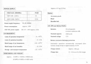 Page 35I 
POWER 
SUPPLY 
I 
VOLTAGE  {S0/60Hz) 
IO OV  (90  130V) 
200V  (180-260V) 
Power  supply  frequency:  SO, 
60,  400Hz 
Power  consumption:  Approx. 
18W  FUSE 
lA 
O.SA 
EXT  DC power  supply: 
DC IIV- 14Y  Approx.  0.8A 
' E NVIRONMENT  I 
Limit  of operation  temperature 
Limit  of operation  humidity 
Rated  range of use  temperature 
Rated  range of use  humidity 
Storage  and transport  temperature 
f  DIMENSIONS 
AND WEIGHT 
I 
Approx.  215(W) x II  O(H)  x 330(0)  mm 
(8.6(W)  x 4.4(H)  x...