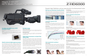 Page 212
Hitachi Z-HD
6000 
HDTV Studio Production Camera
The Z-HD6000 is a high-performance HDTV portable production 
camera.
Hitachi has implemented the latest imaging technology by using 
newly developed 2.6 million pixel 3MOS sensors to create 
outstanding HD images for new achievements in high sensitivity and 
no vertical smear. 2-Piece Chassis Design
Hitachi’s 2-piece chassis allows the use of Digital Fiber, Digital Triax
and Wireless camera adapters to offer the greatest flexibility of any
camera in...